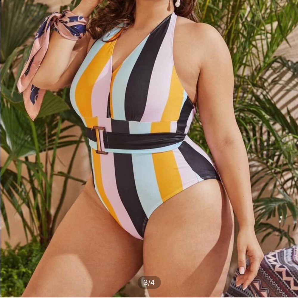striped halter belted onepiece swimsuit SIZE 3XL